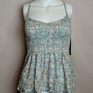 Almost Famous Smocked Blue Green and Orange Floral Print Top Size Medium